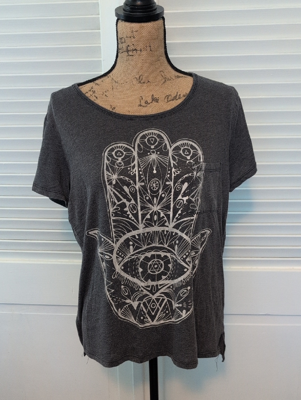 L.O.L. Vintage Charcoal Short Sleeve Tee with White Hamsa Graphic